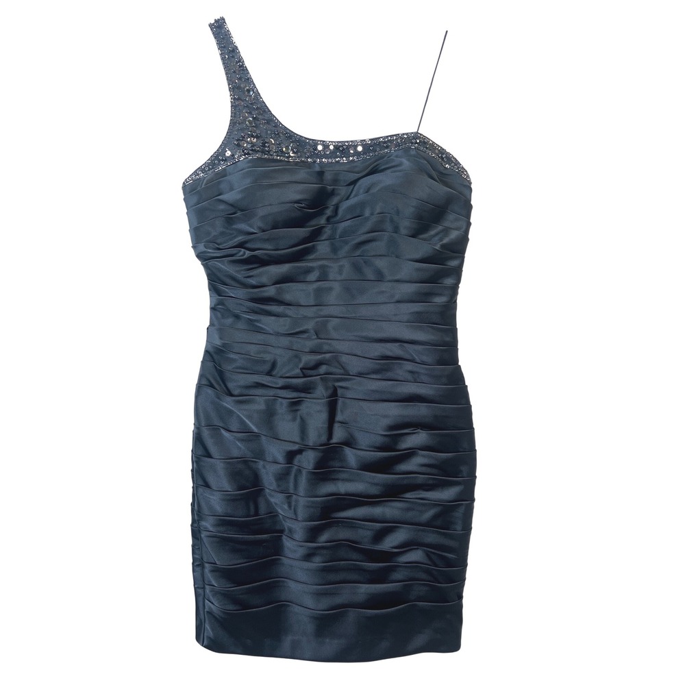 Adrianna Papell Navy‎ Beaded One Shoulder Dress Old Hollywood Glamour Womens 12